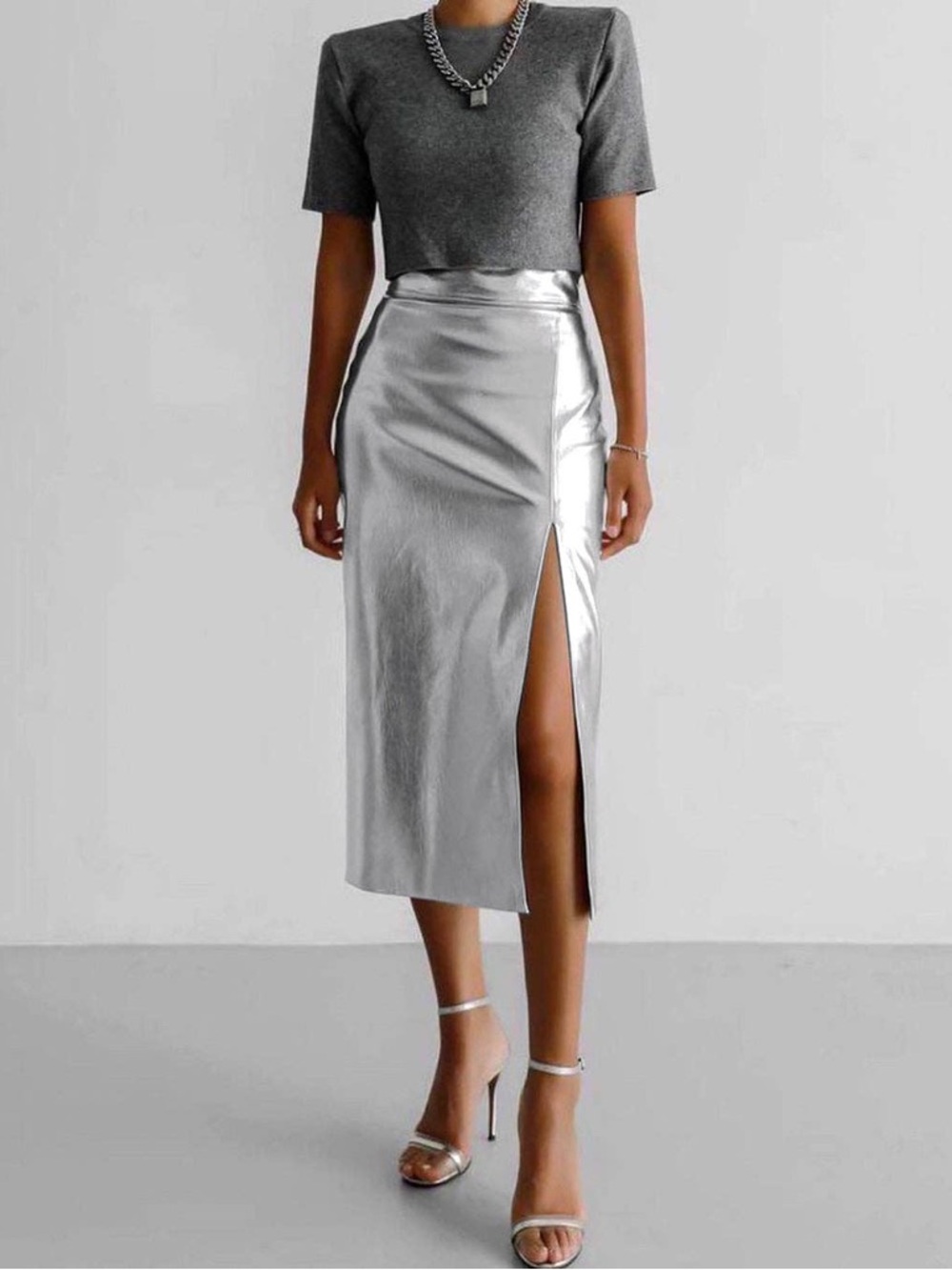 Metallic Silver High-Slit Midi Skirt